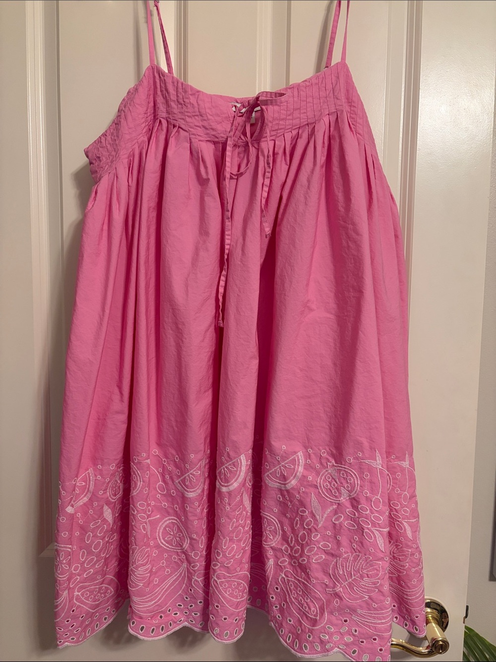 Pink Embroidered Eyelet Mini Dress with Smocked Bodice